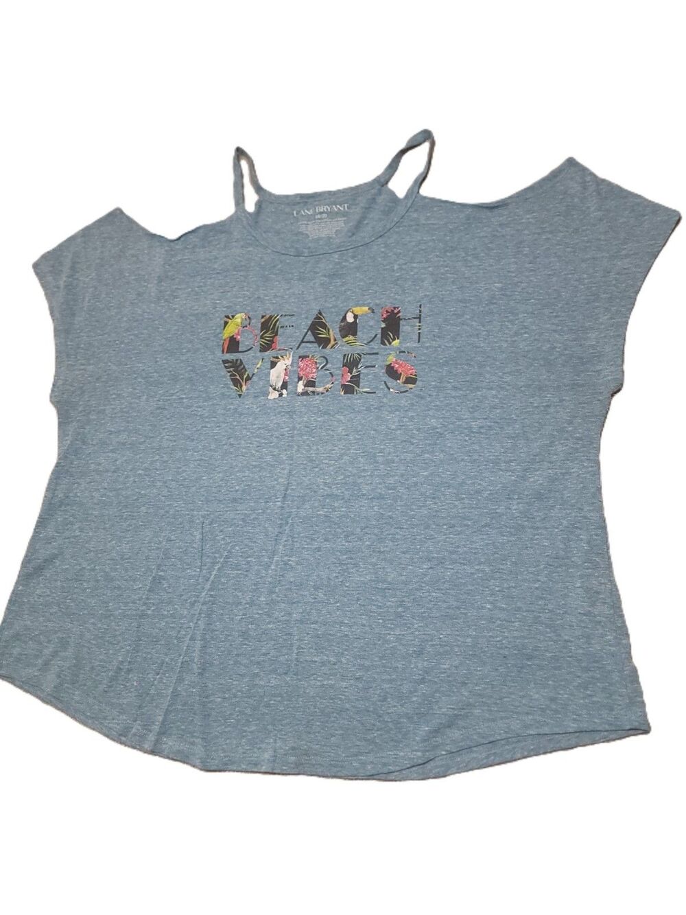 Lane Bryant Cold Shoulder Top Womens 18 Blue "Beach Vibes" Print Tropical Blouse